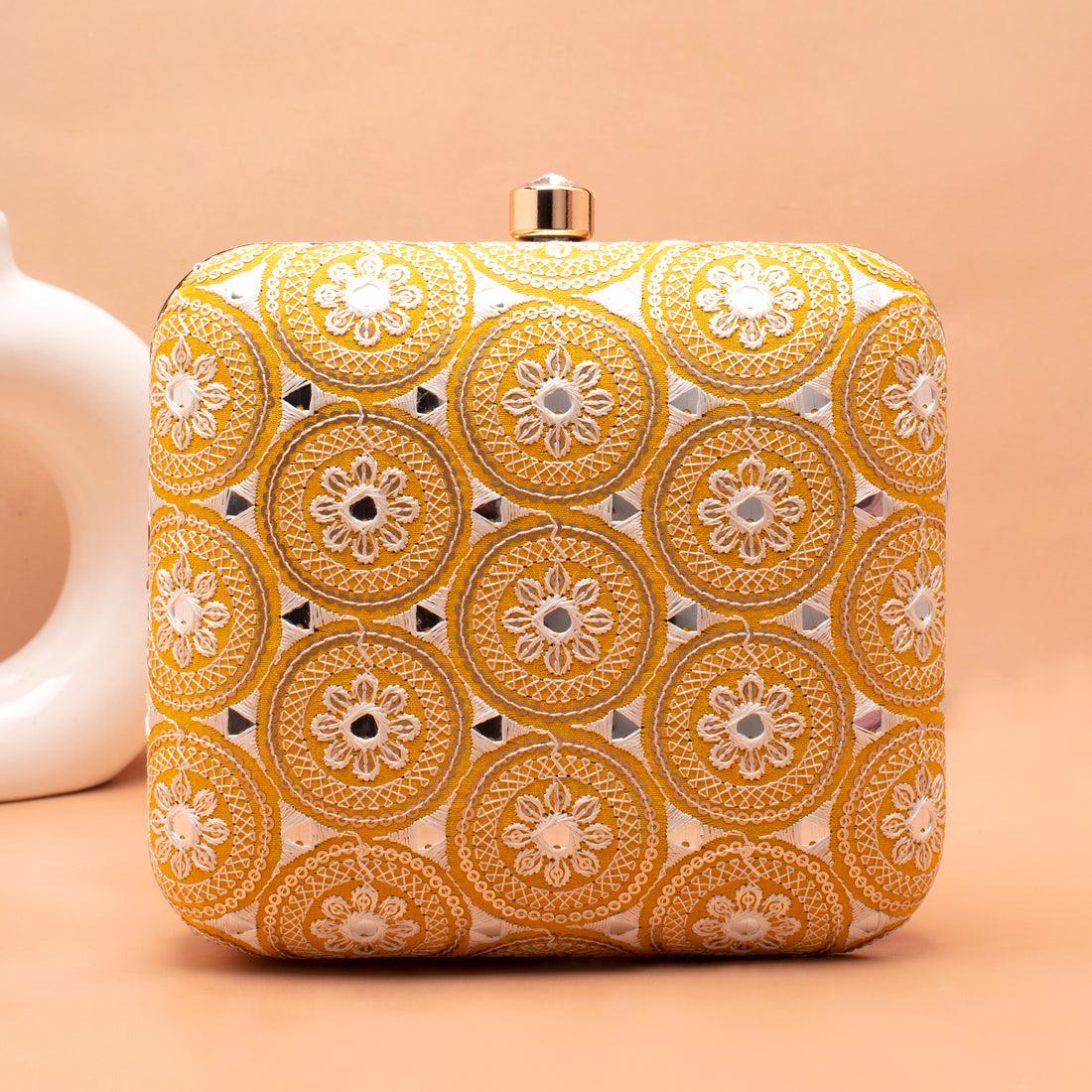 Artklim Yellow Based White Threadwork Embroidery Clutch