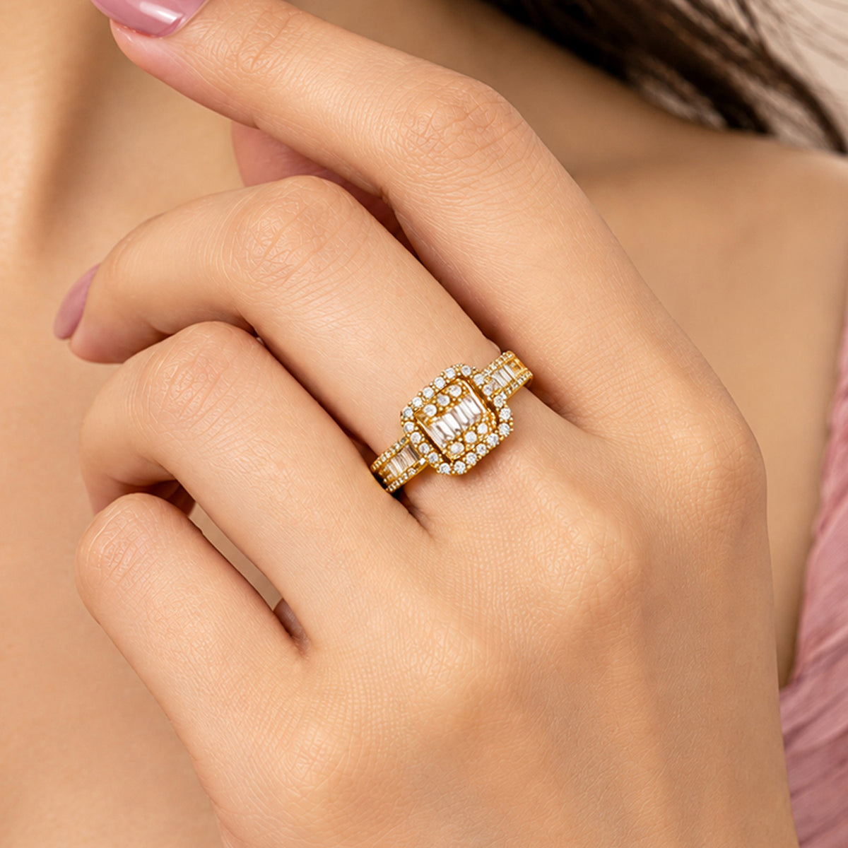 Artklim Radiant Square Crystal Gold-Tone Anti-Tarnish Ring