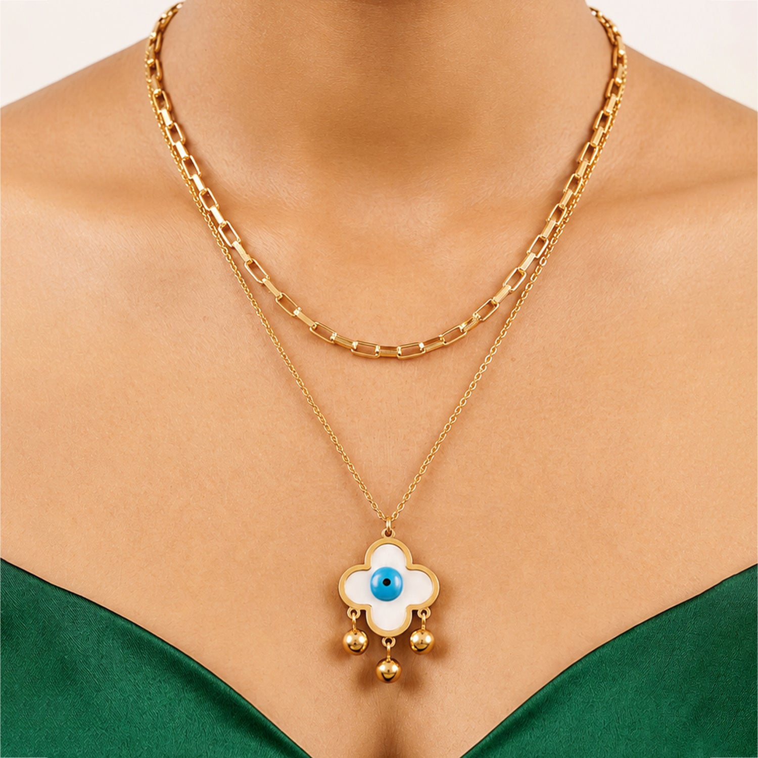 Artklim White Clover Evil Eye Layered Gold Chain Anti-Tarnish Necklace