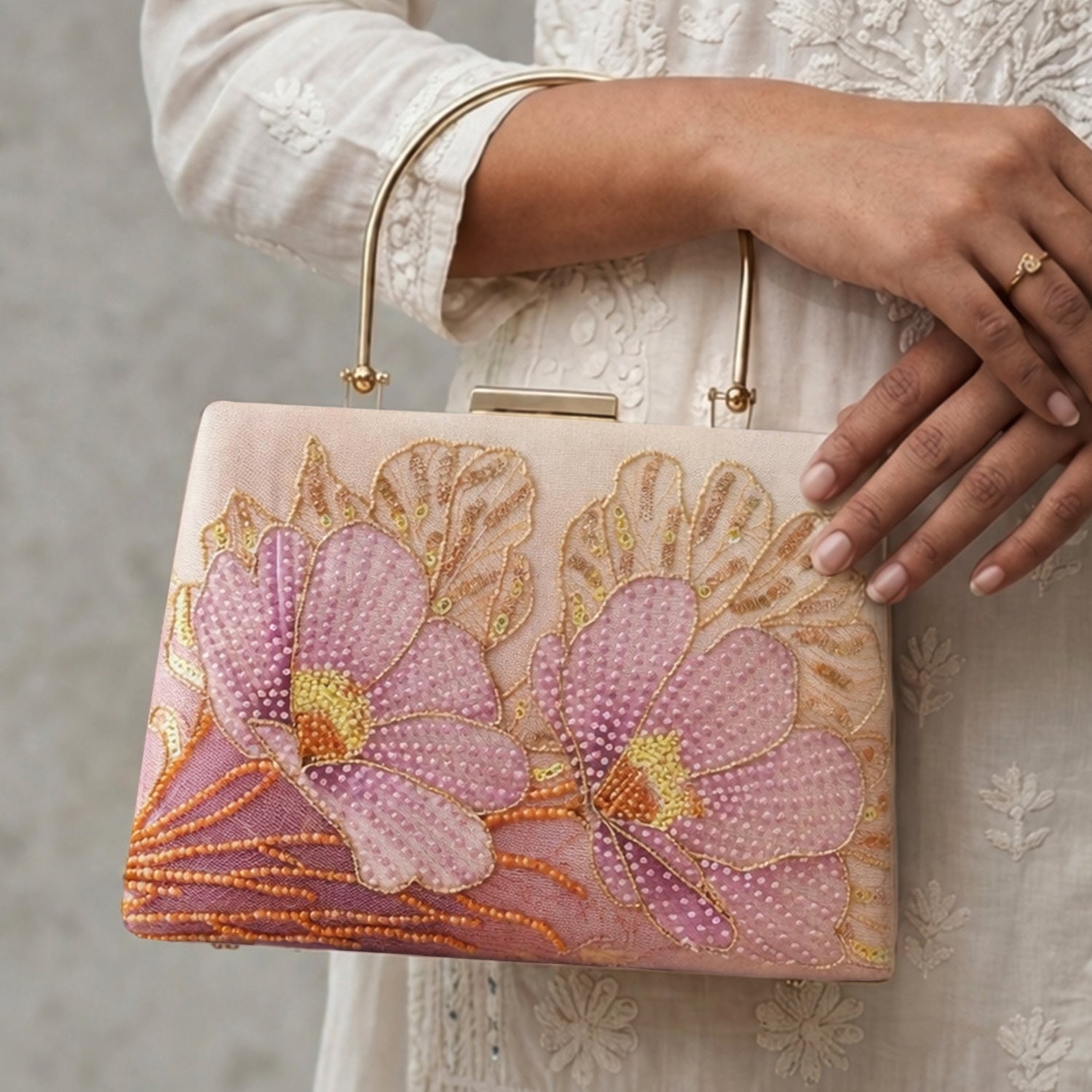 Artklim Printed Blush Pink Floral Beaded Clutch with Hand Embroidery