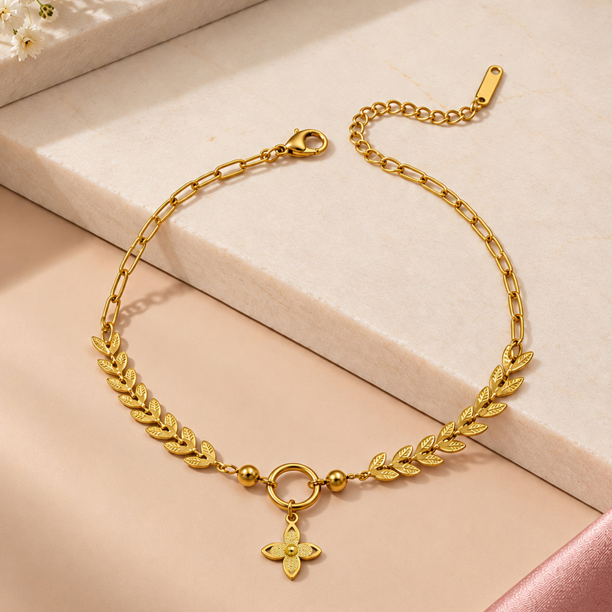 Artklim Leafy Vine Floral Charm Anti-Tarnish Anklet