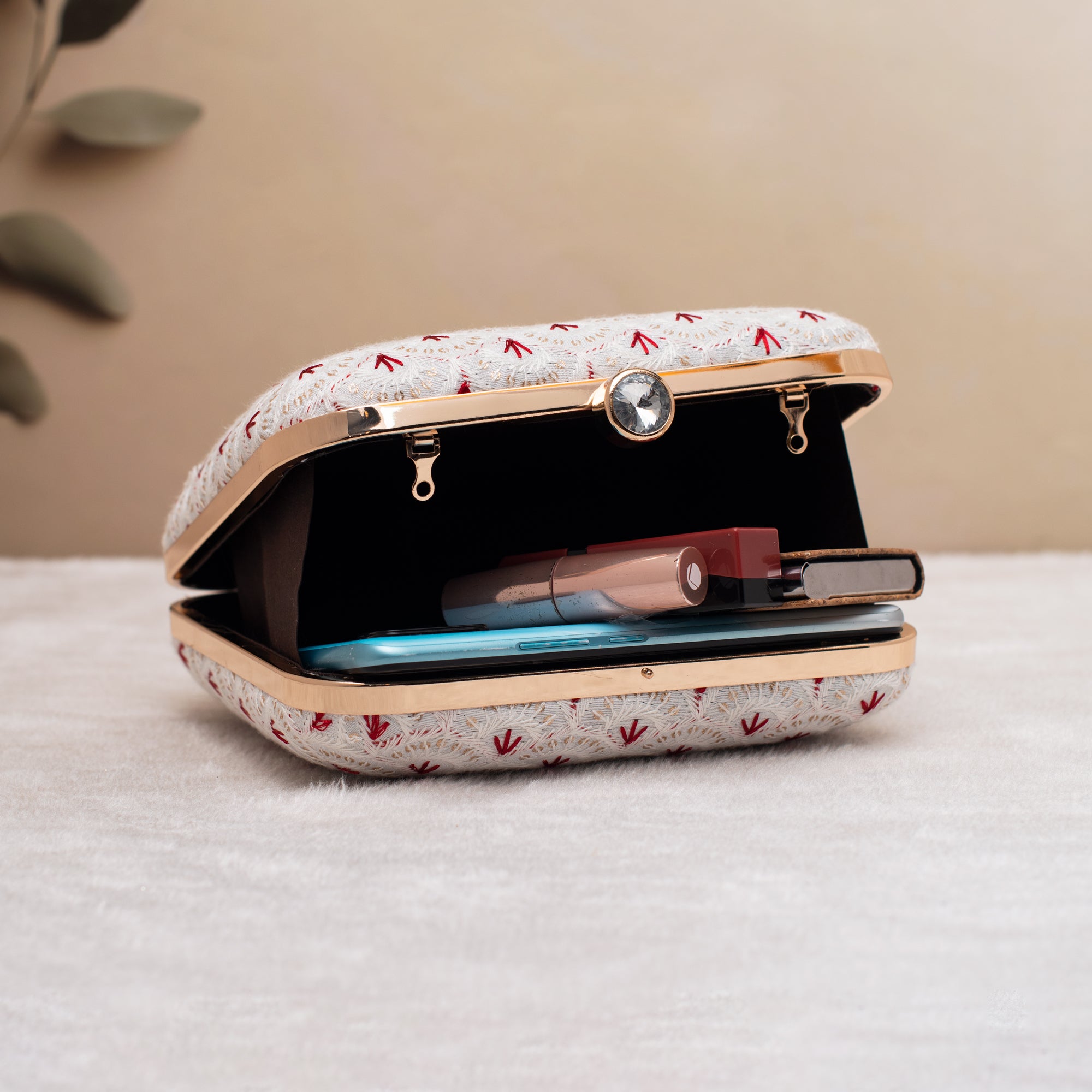 Artklim White with red–gold Bloom Embroidered Clutch