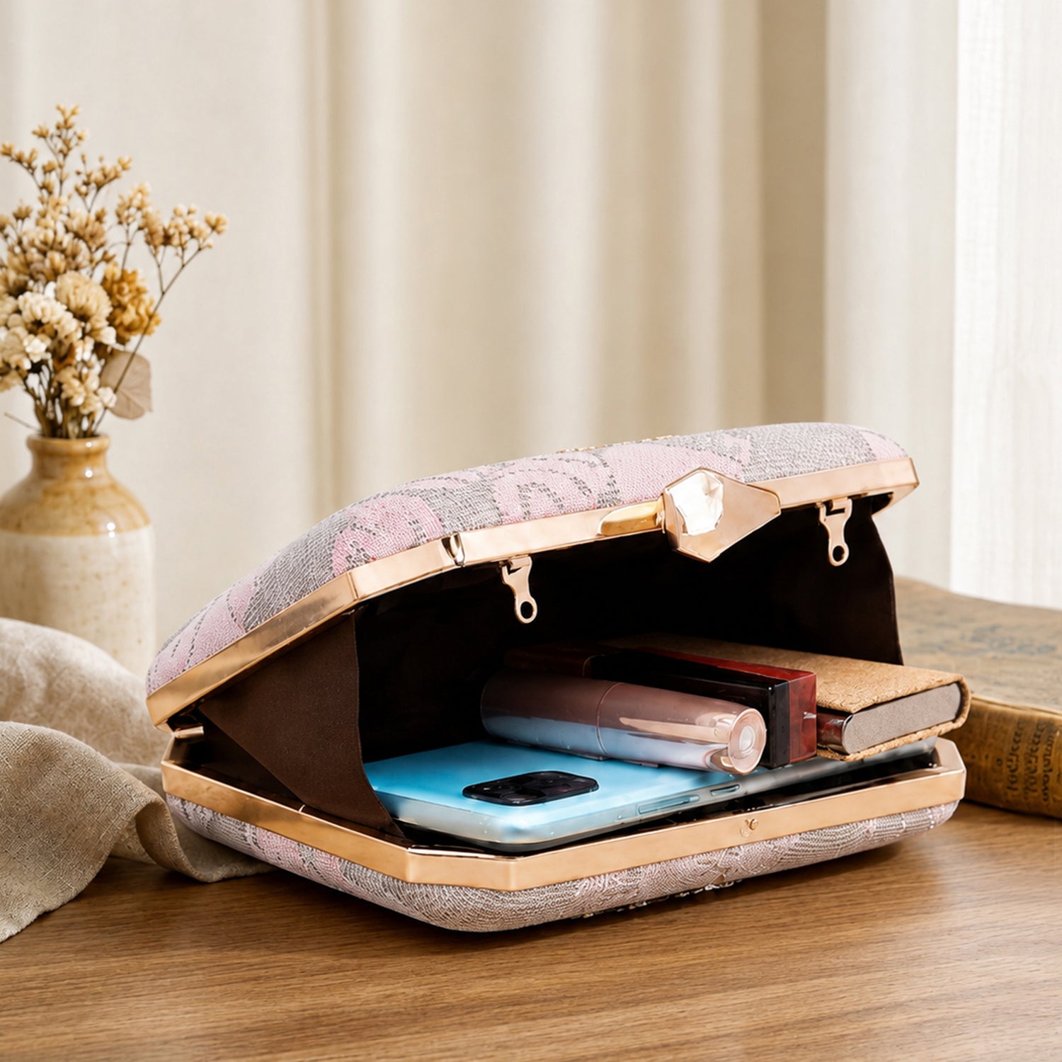 Artklim Floral Jacquard Grey & Blush Pink Clutch