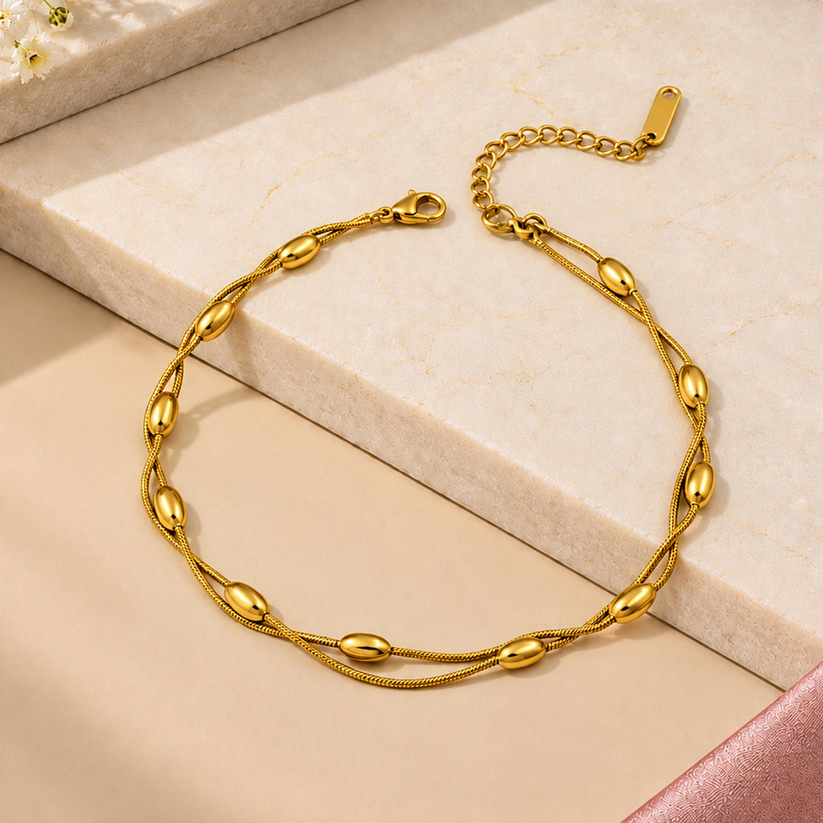 Artklim Double Layer Oval Bead Chain Anti-Tarnish Anklet