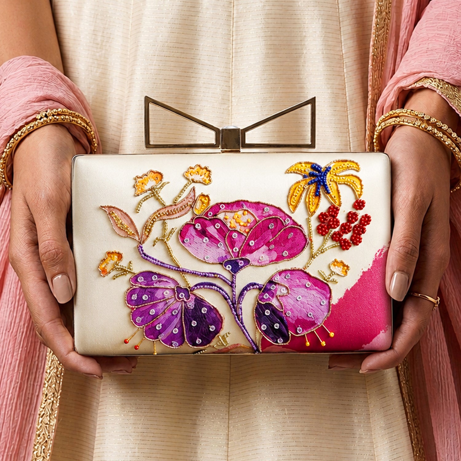 Artklim Printed Floral Designer Clutch with Hand Embroidery