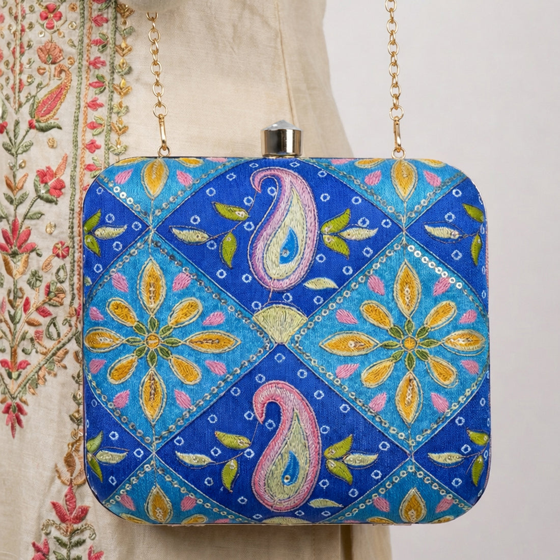 Artklim Festive Special Royal Blue Floral Embroidered Clutch