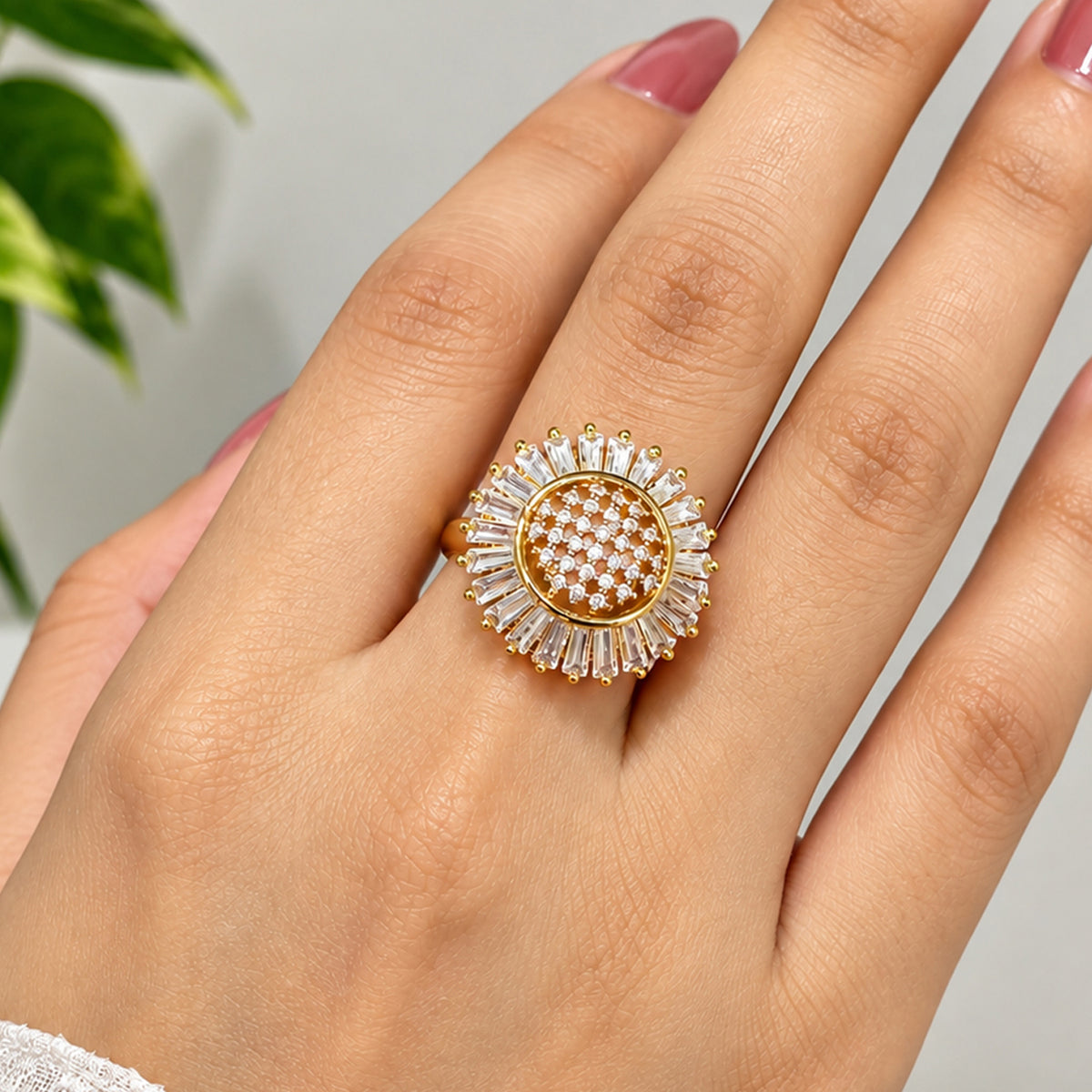 Artklim Elegant Halo Crystal Gold-Tone Anti-Tarnish Ring