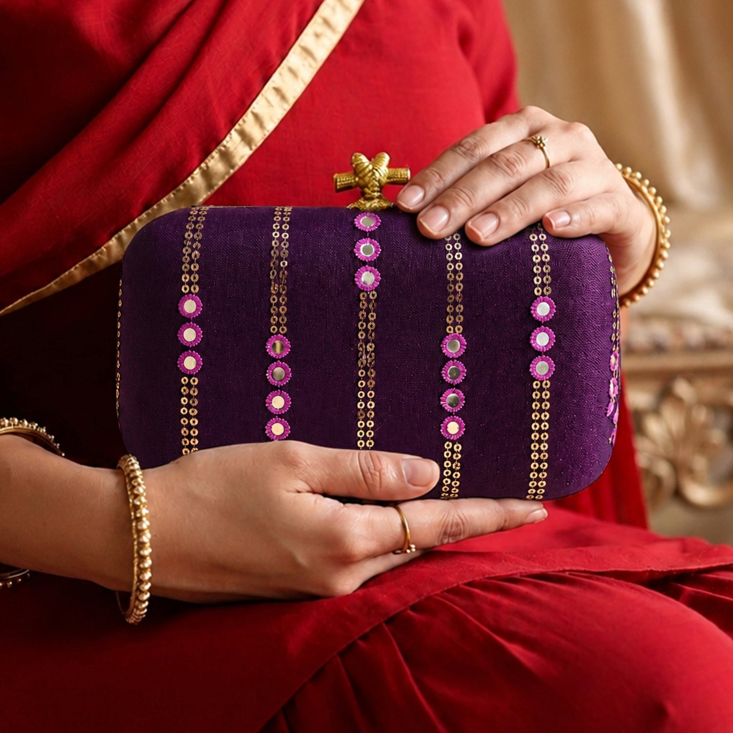 Artklim Elegant Purple Embellished EmbroideredClutch Bag