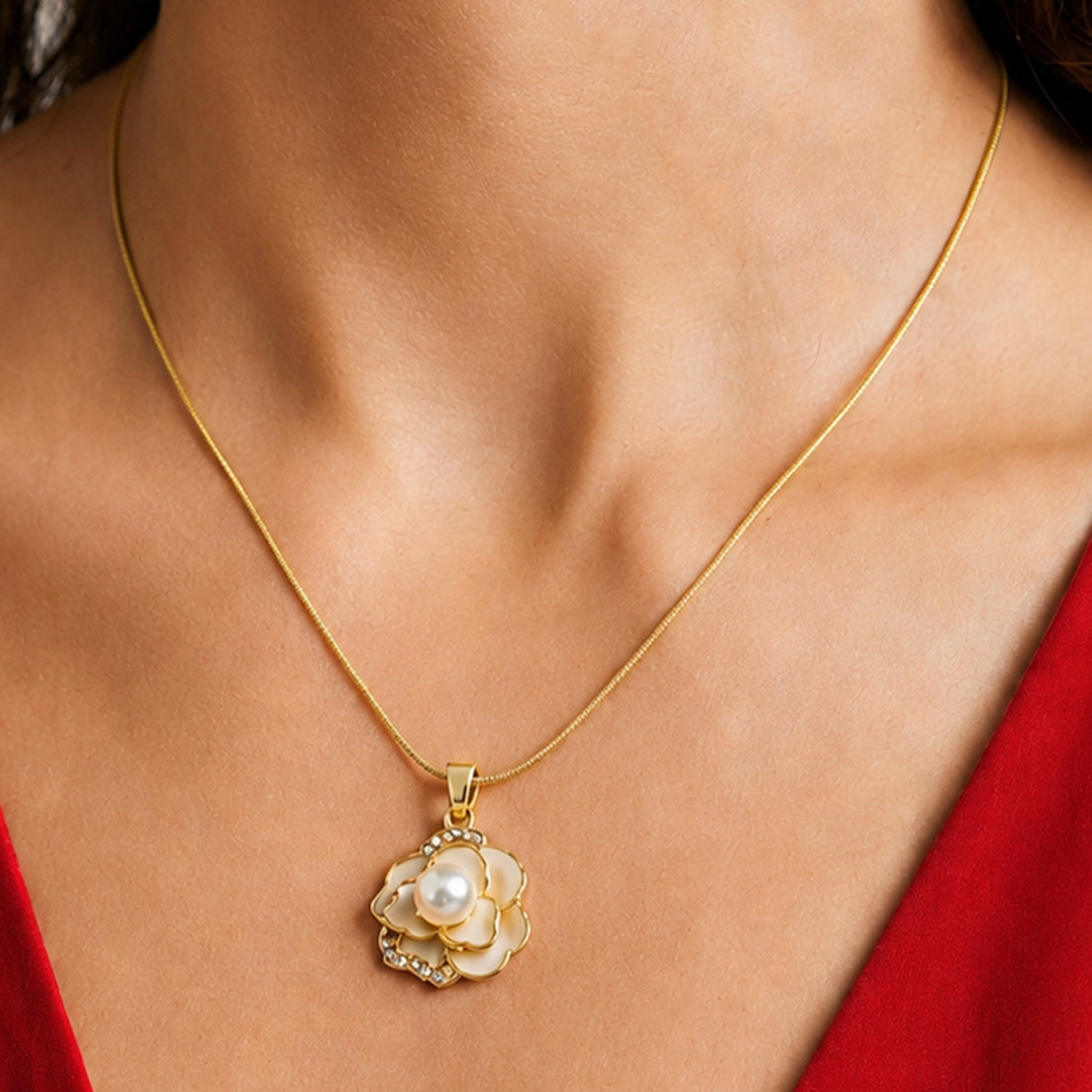 Artklim Pearl Camellia Floral Anti-Tarnish Pendant Necklace