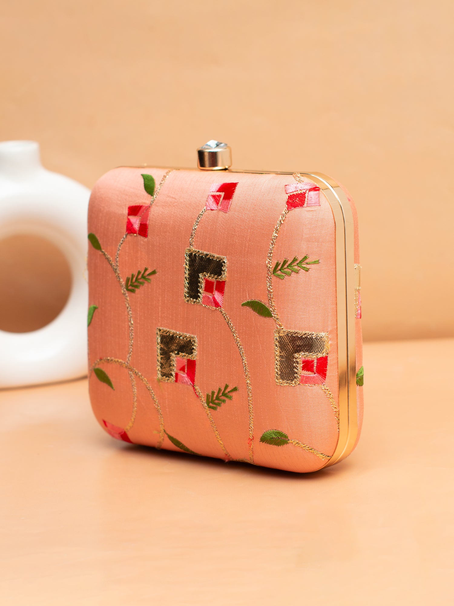 Artklim Peach Blossom – Floral Embroidered Silk Clutch