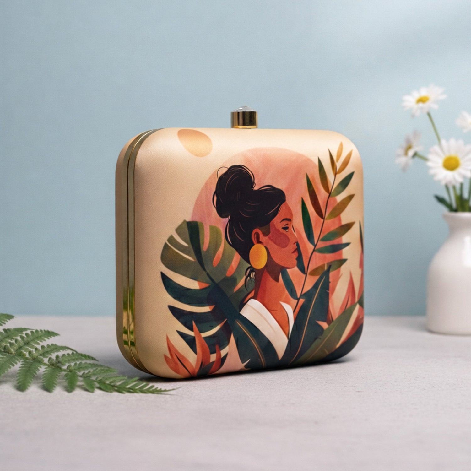Beige Based Woman Portrait Printed Clutch