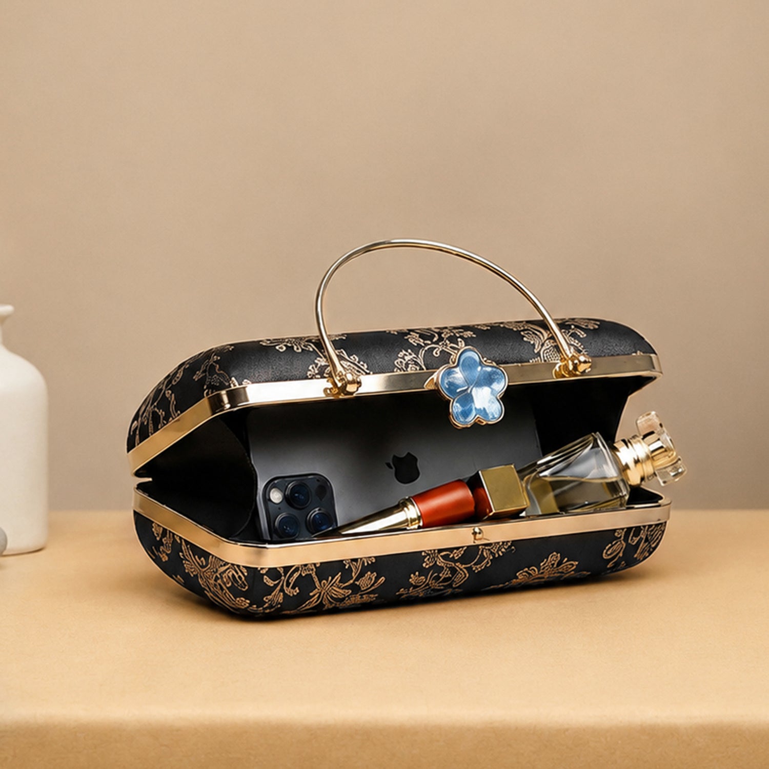 Artklim Midnight Blue Floral Embroidered Clutch Bag