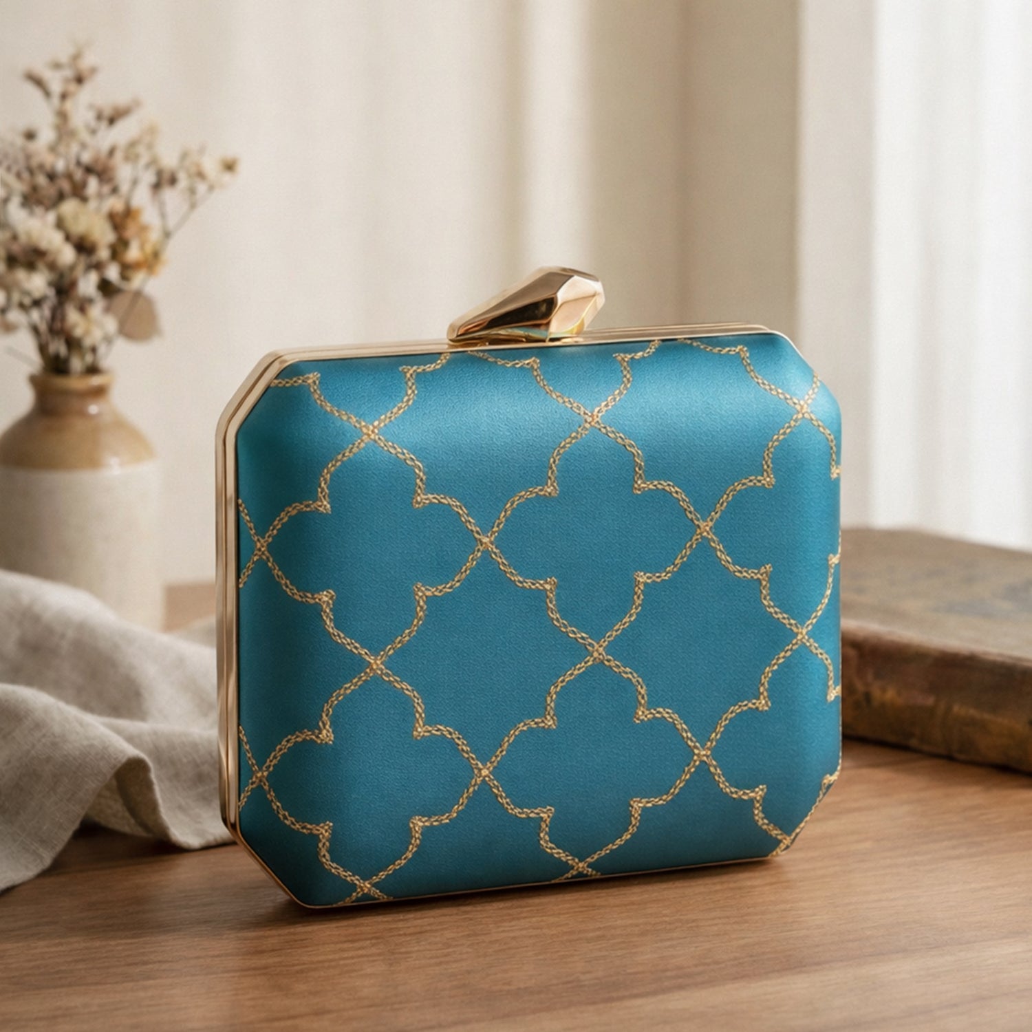 Blue Sequins Floral Checks Embroidery Clutch