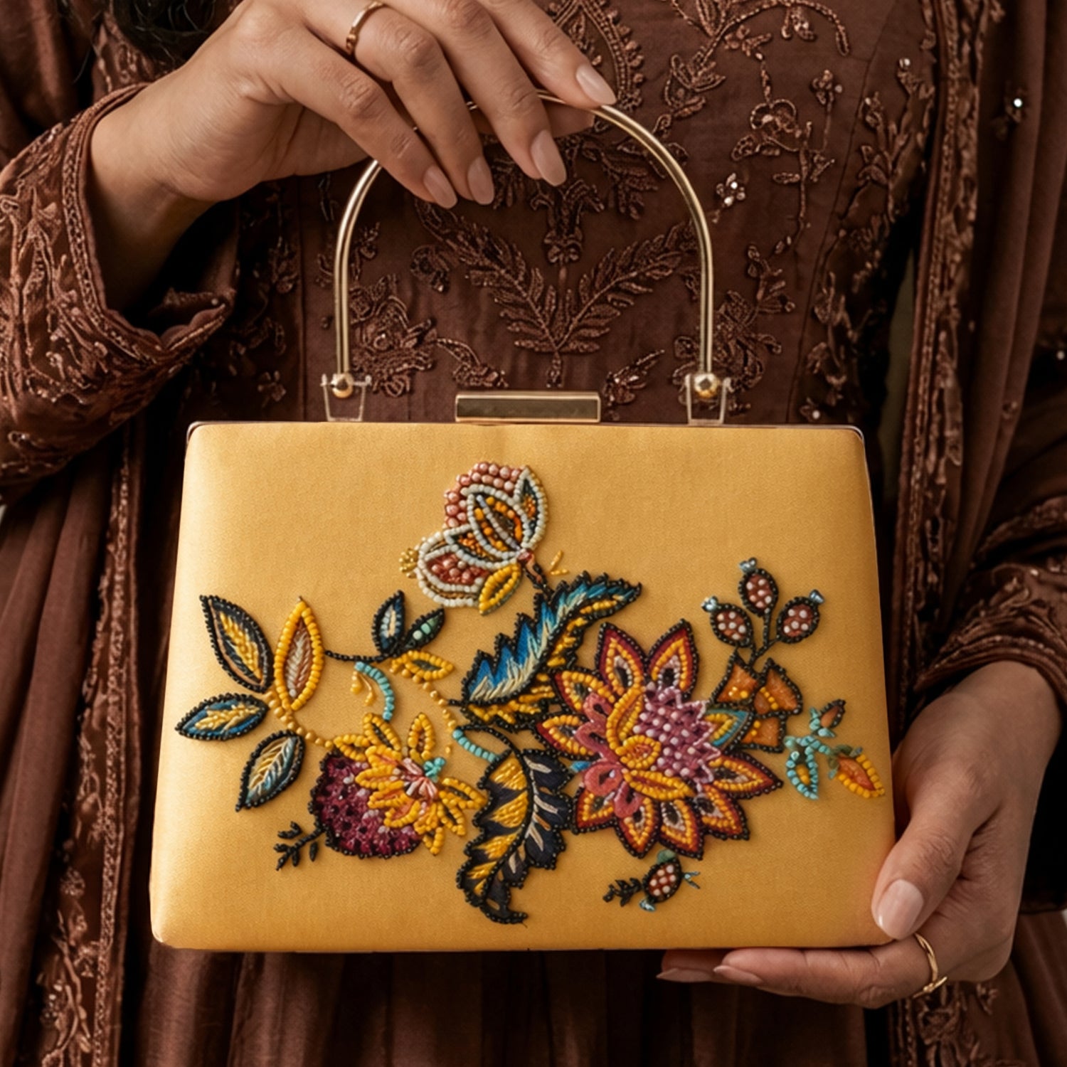 Artklim Printed Yellow Multicolor Floral Clutch with Hand Embroidery