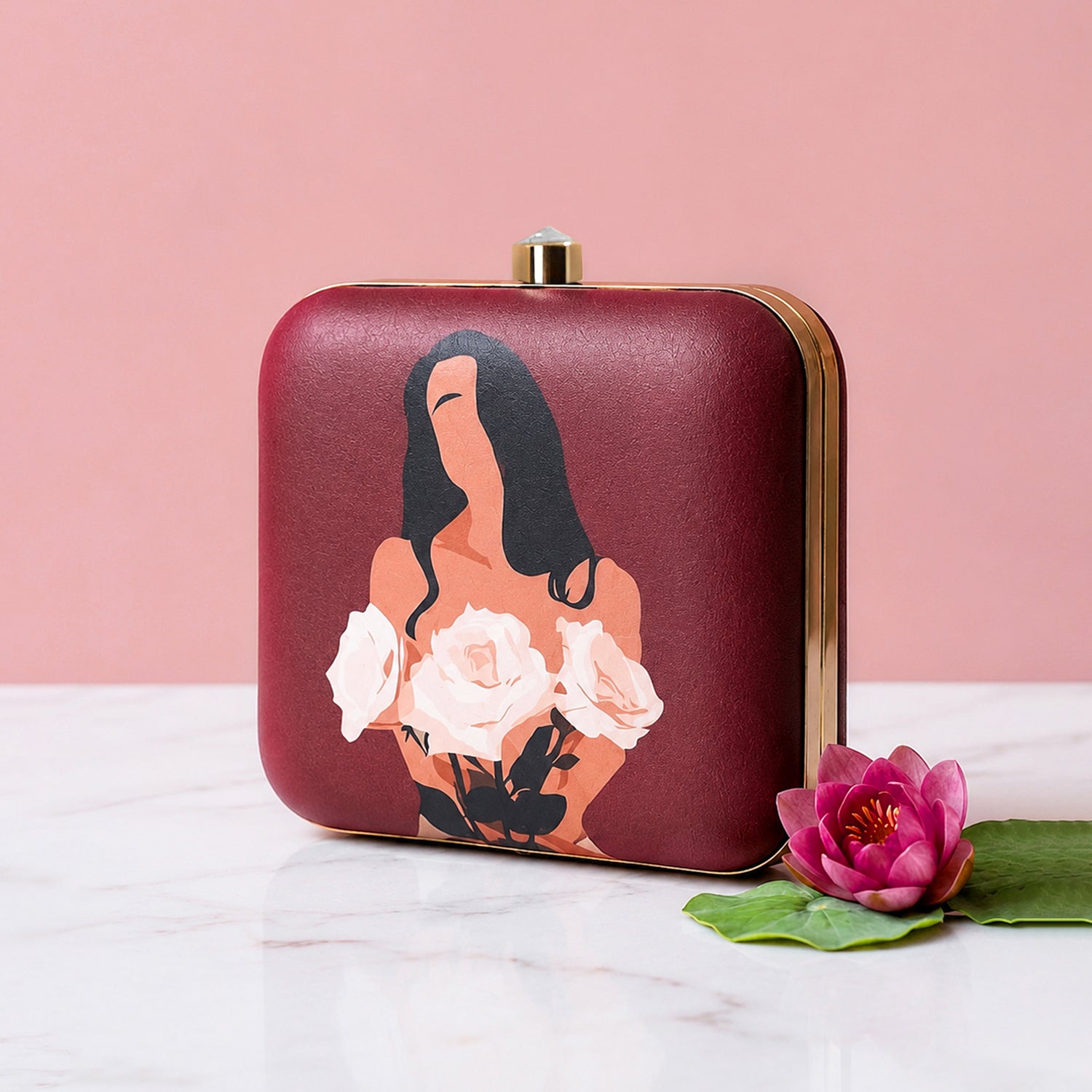 Artklim Maroon Flower Girl Portrait Printed Clutch