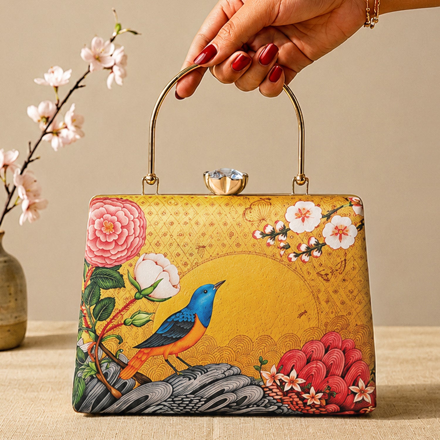 Artklim Printed Golden Songbird Garden Clutch with Hand Embroidery