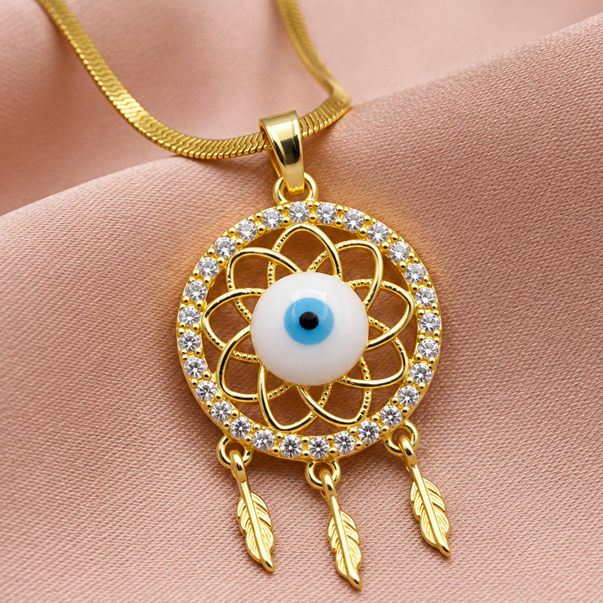 Artklim Elegant Evil Eye Dreamcatcher Crystal Anti-Tarnish Pendant Necklace