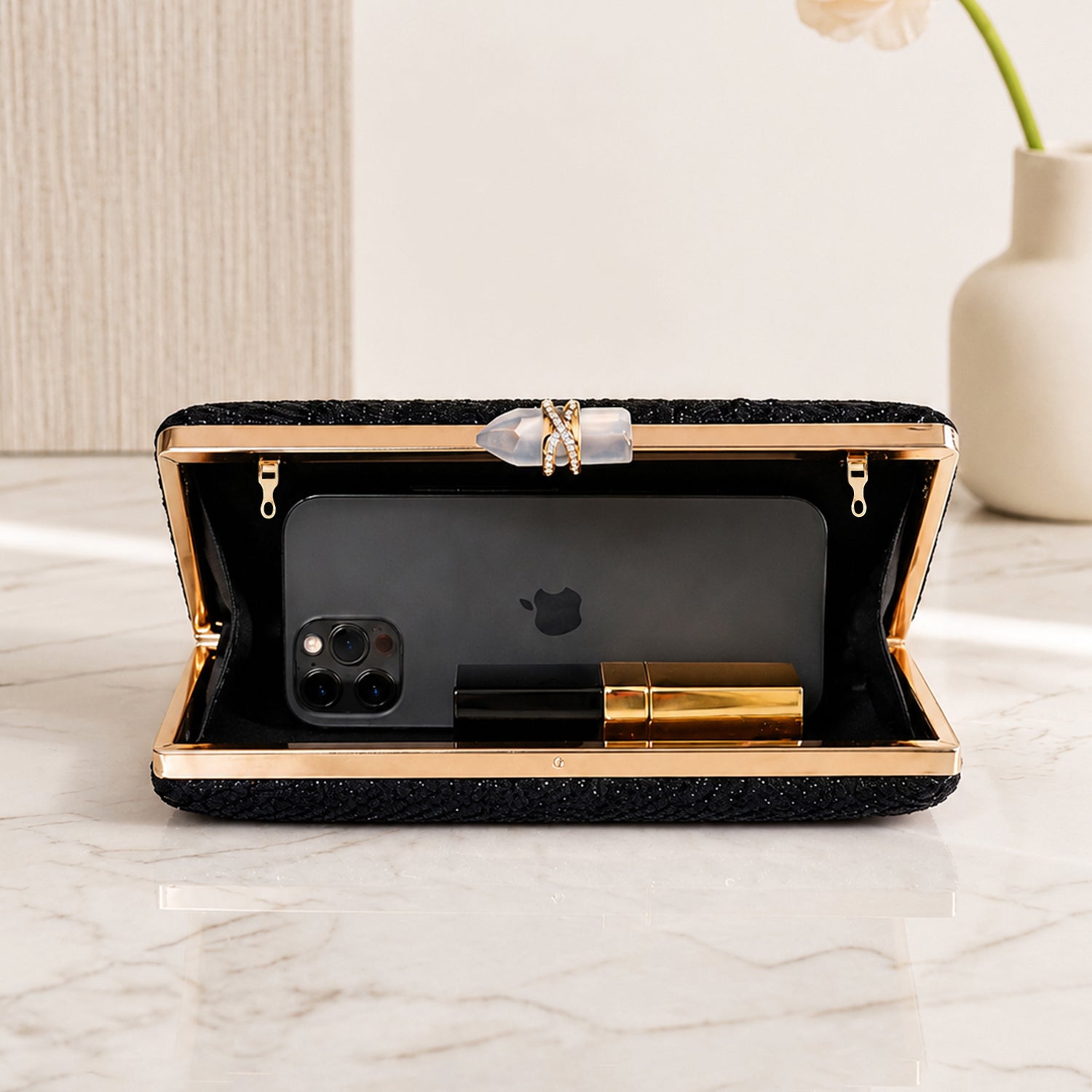 Artklim Black Chevron Pattern Textured Embroidery Clutch