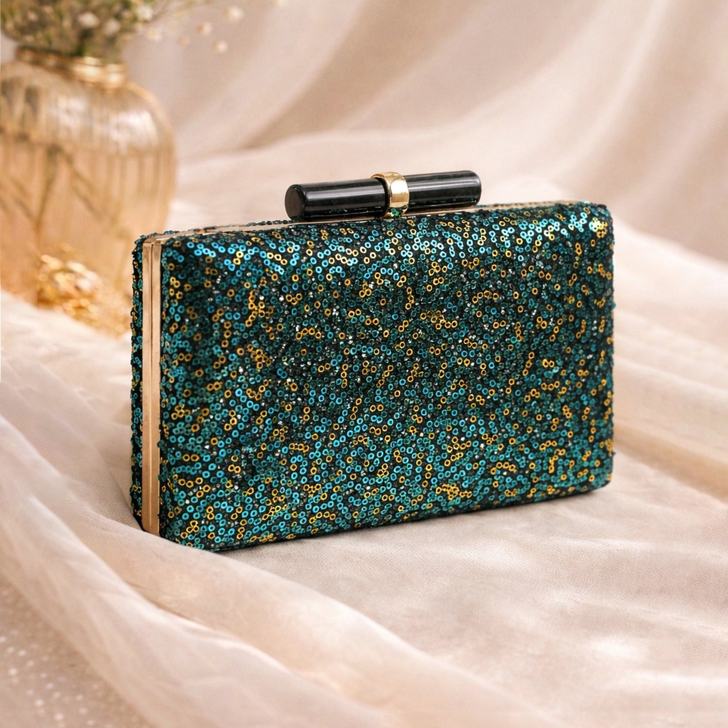 Artklim Blue - Green Designer Embroidred Clutch