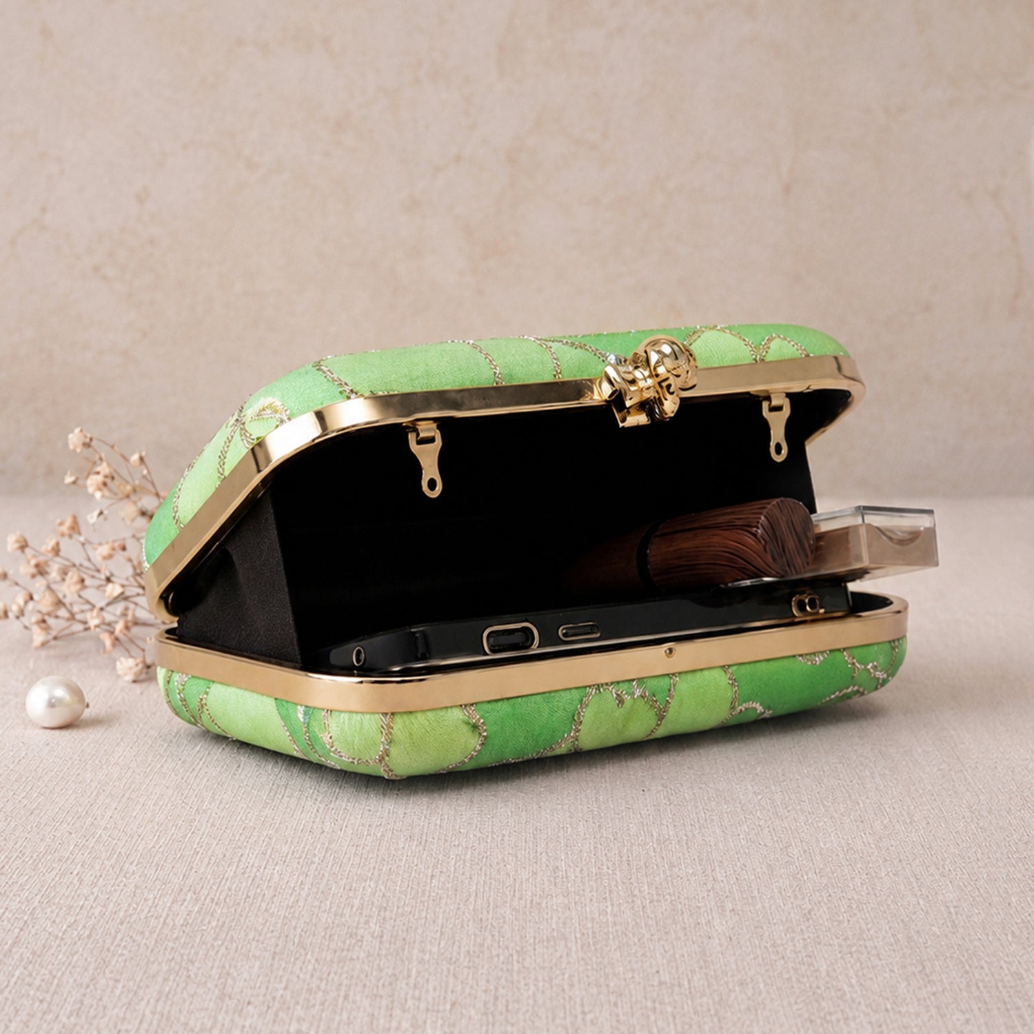 Artklim Luxury Green Floral Evening Clutch