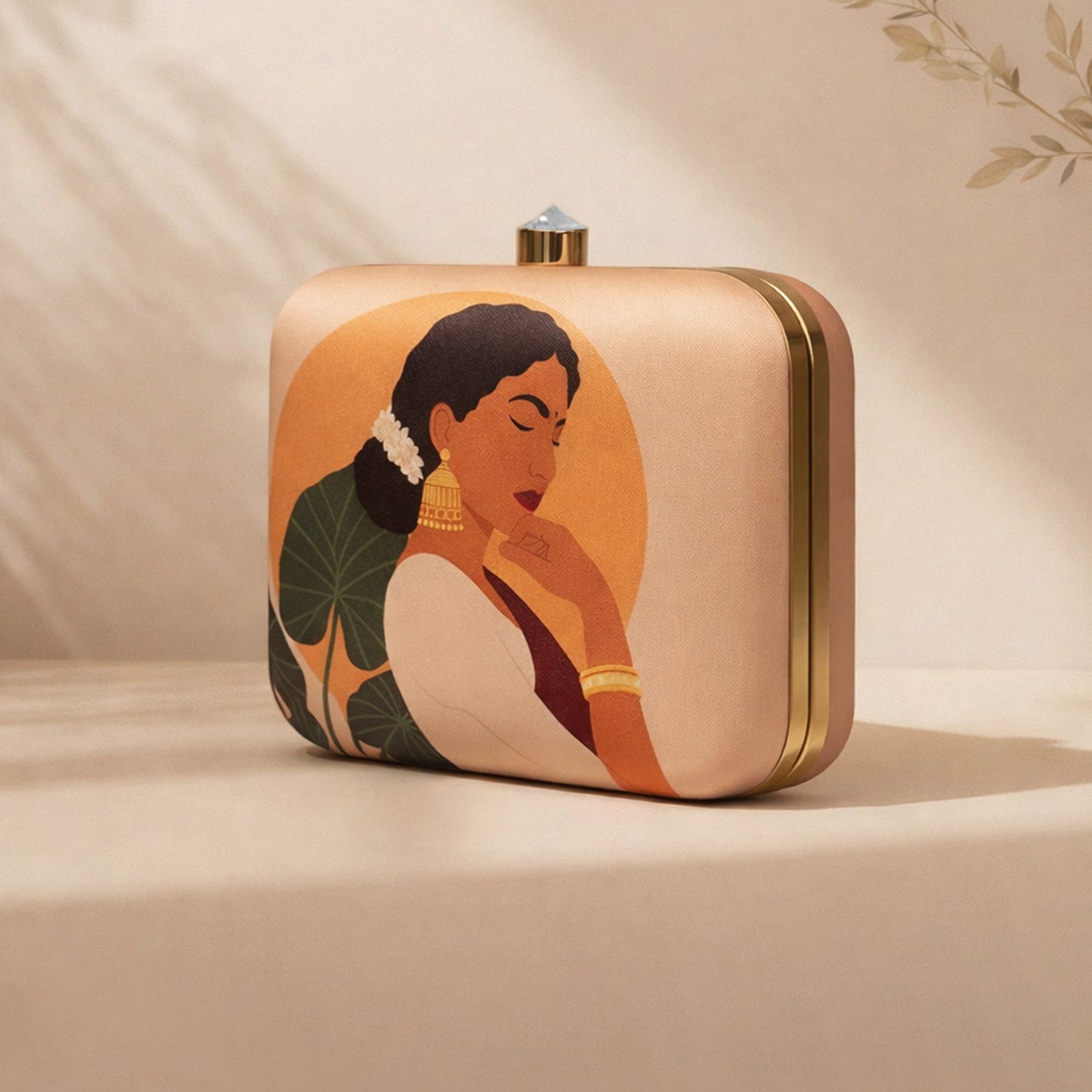 Artklim Beige Based Elegant Woman Portrait Printed Clutch