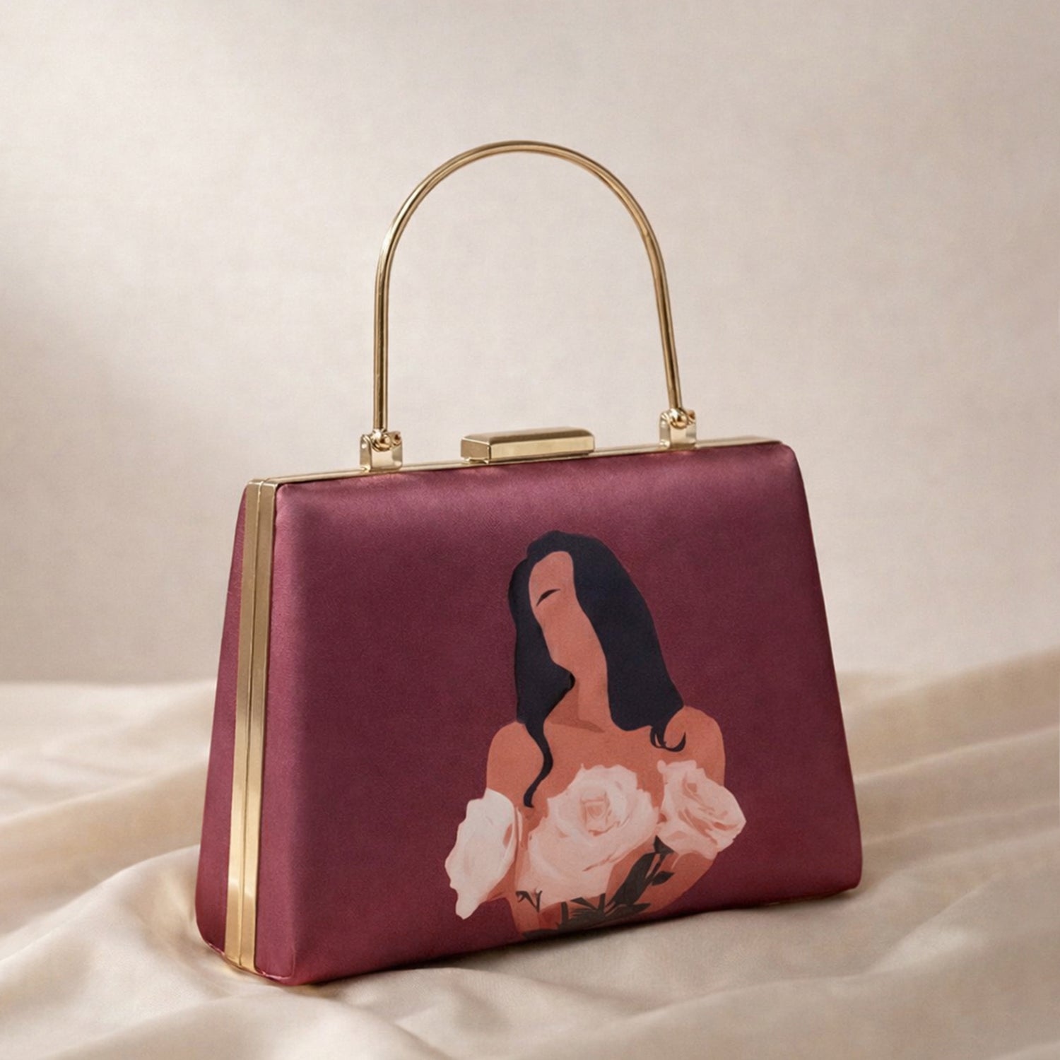 Artklim Maroon Based Floral Girl Portrait Printed Clutch