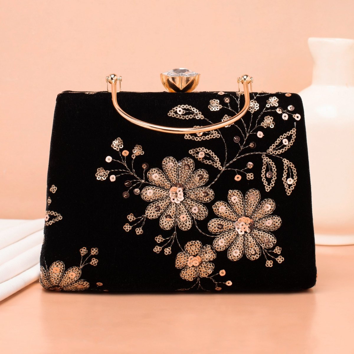 Artklim Black Base Floral Sequins Embroidery Ethnic Clutch
