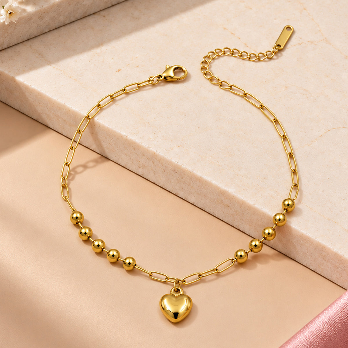 Artklim Heart Charm Beaded Anti-Tarnish Anklet