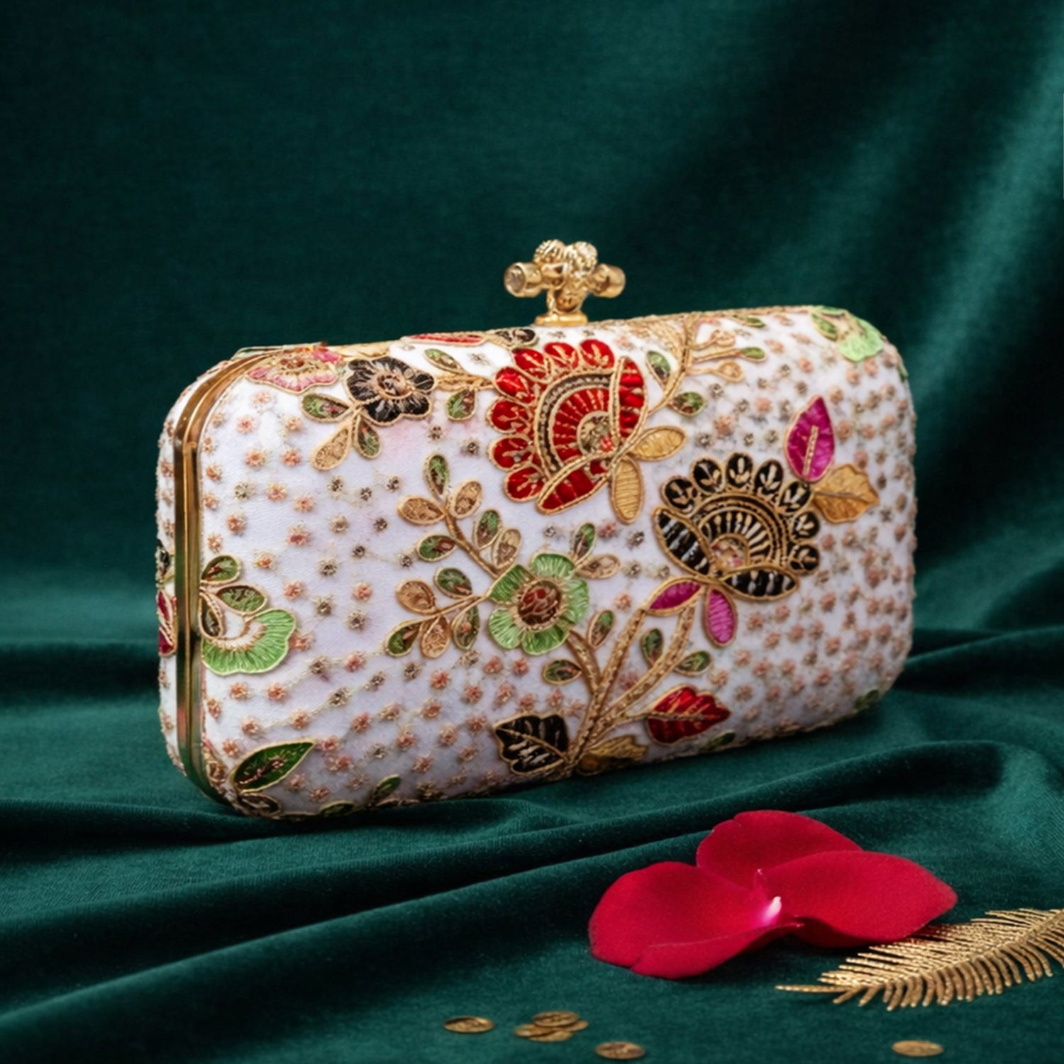 Artklim White Based Multicolored Threadwork And Sequins Embroidery Clutch