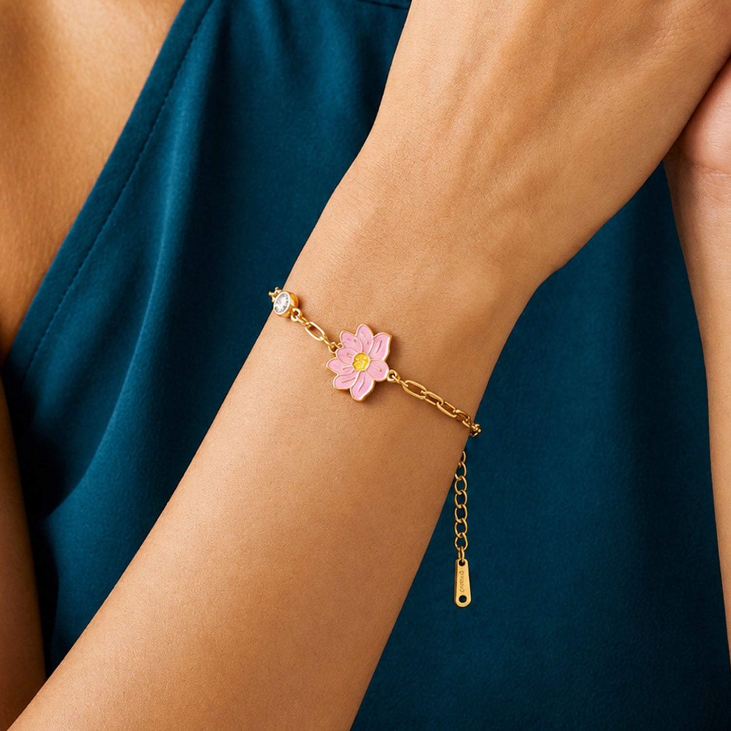 Artklim Pink Floral Crystal Chain Gold-Tone Anti-Tarnish Bracelet