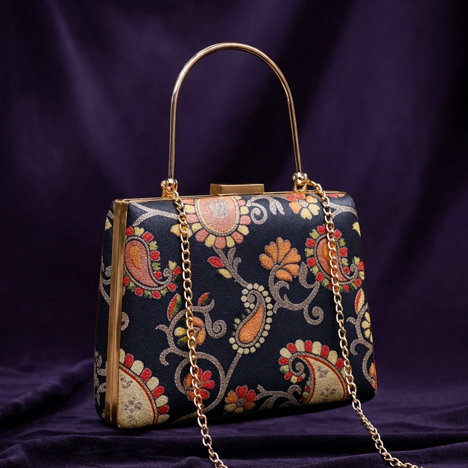 Artklim Black Based Multicolored Pattern Printed Brocade Fabric Clutch