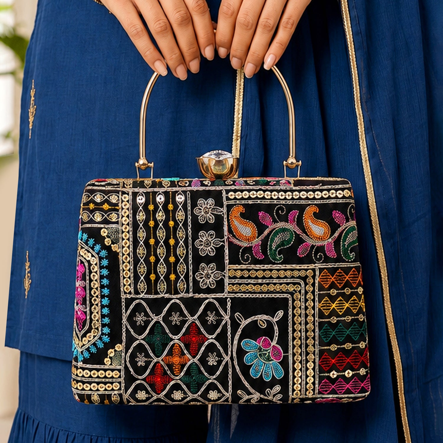 Artklim Black Multicolor Patchwork Designer Embroidery Clutch