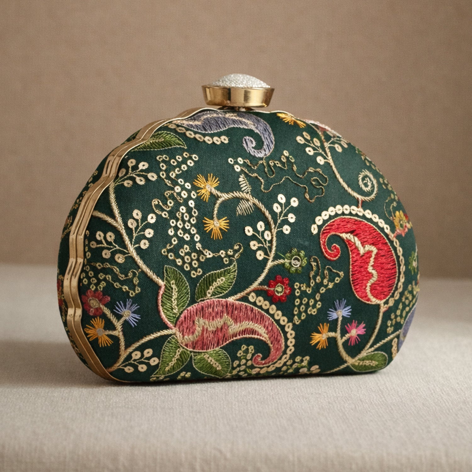 Artklim Dark Green Embroidered Clutch