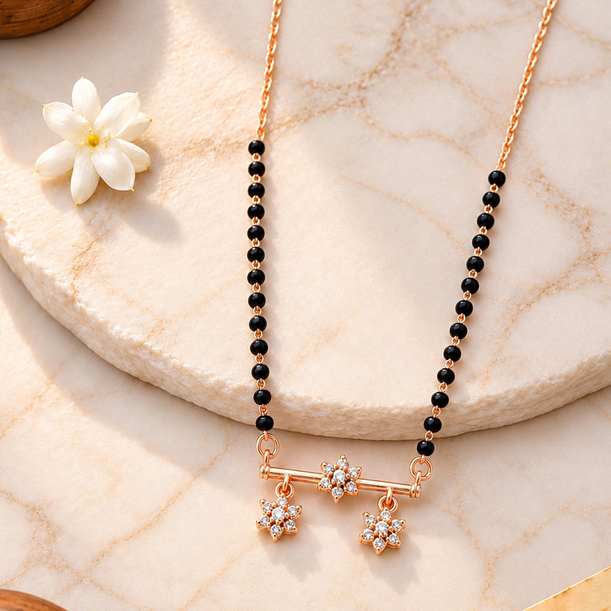Artklim Elegant Rose Gold-Plated Floral Triple Pendant Mangalsutra with Black Beads for Women