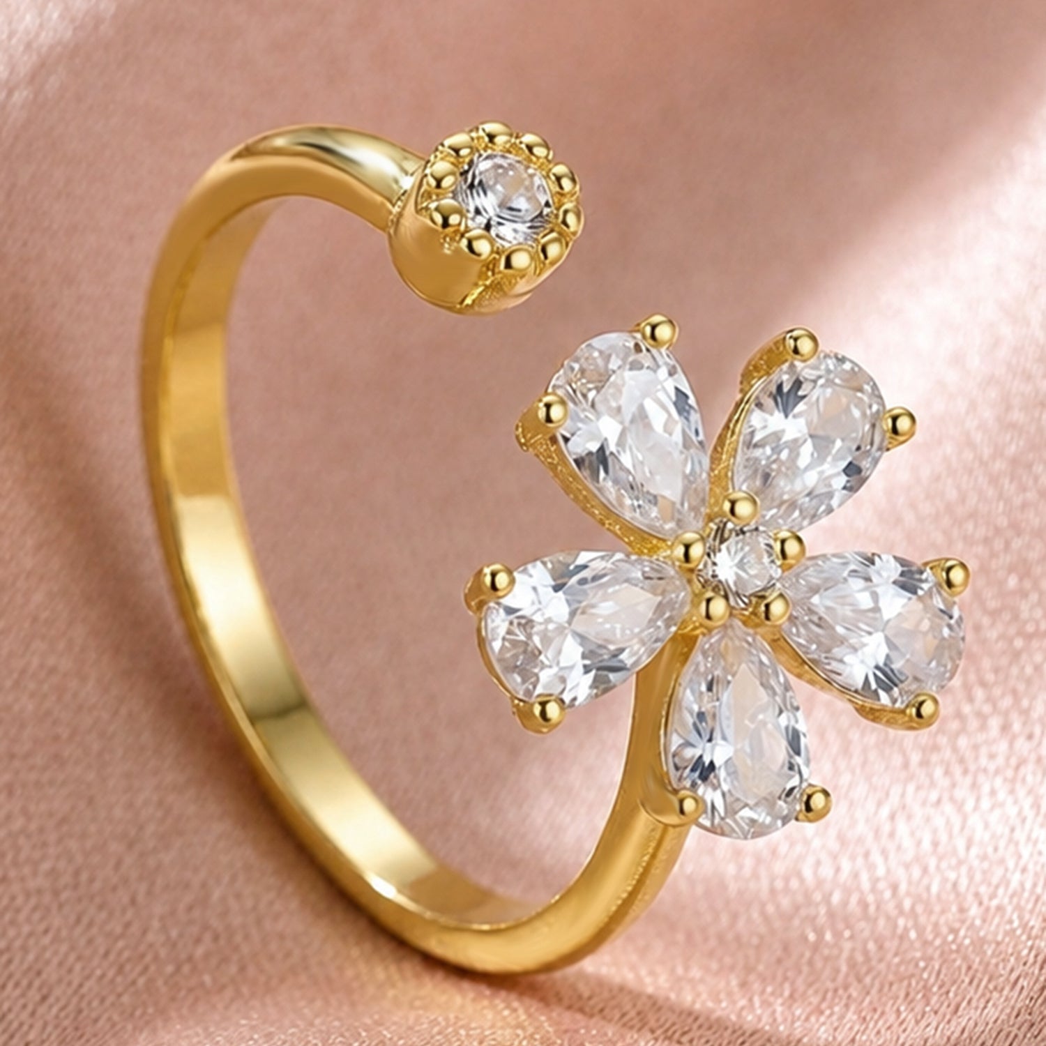 Artklim Gold-Plated Floral Adjustable Crystal Anti-Tarnish Ring