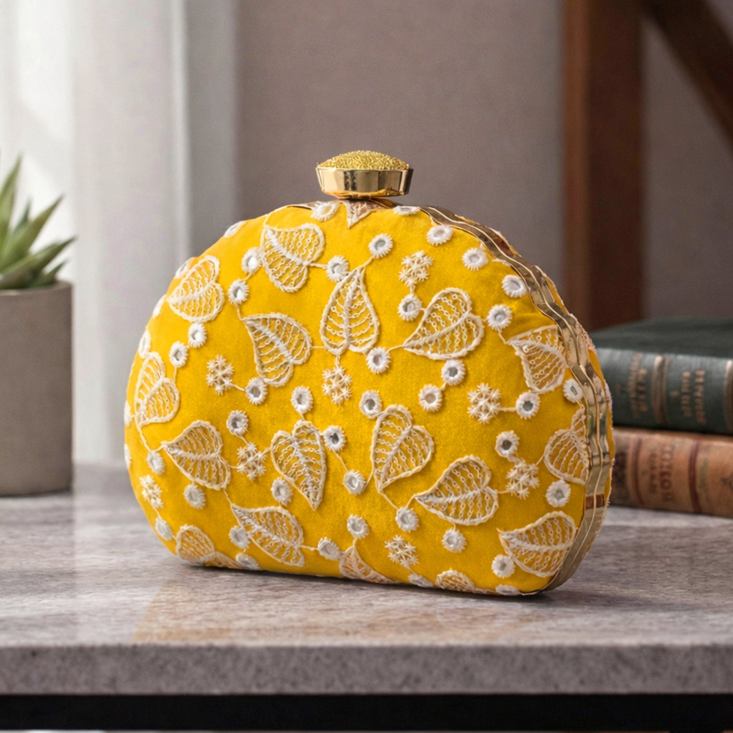 Artklim Yellow Base White Thread Embrodiery Clutch