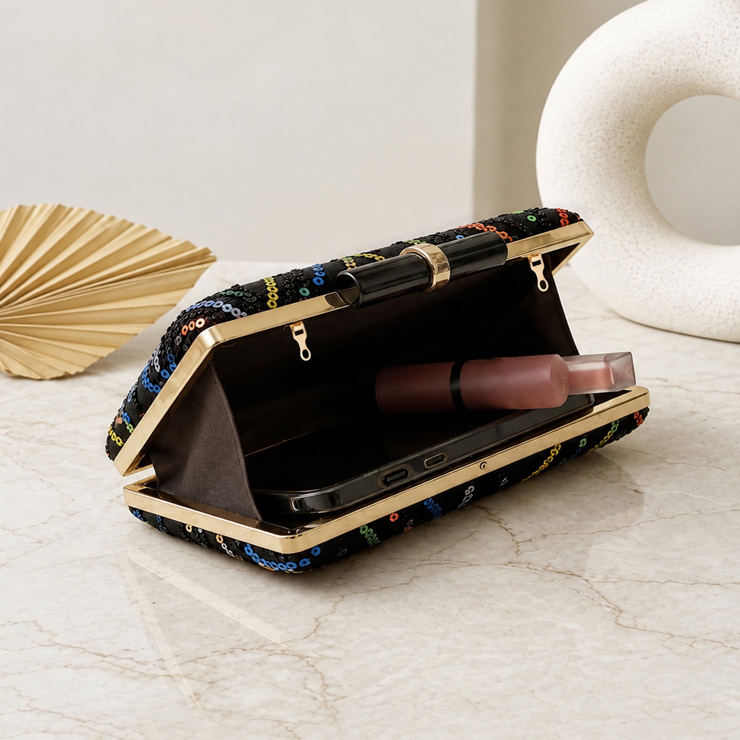 Artklim Black Multicolor Sequin Embroidery Clutch