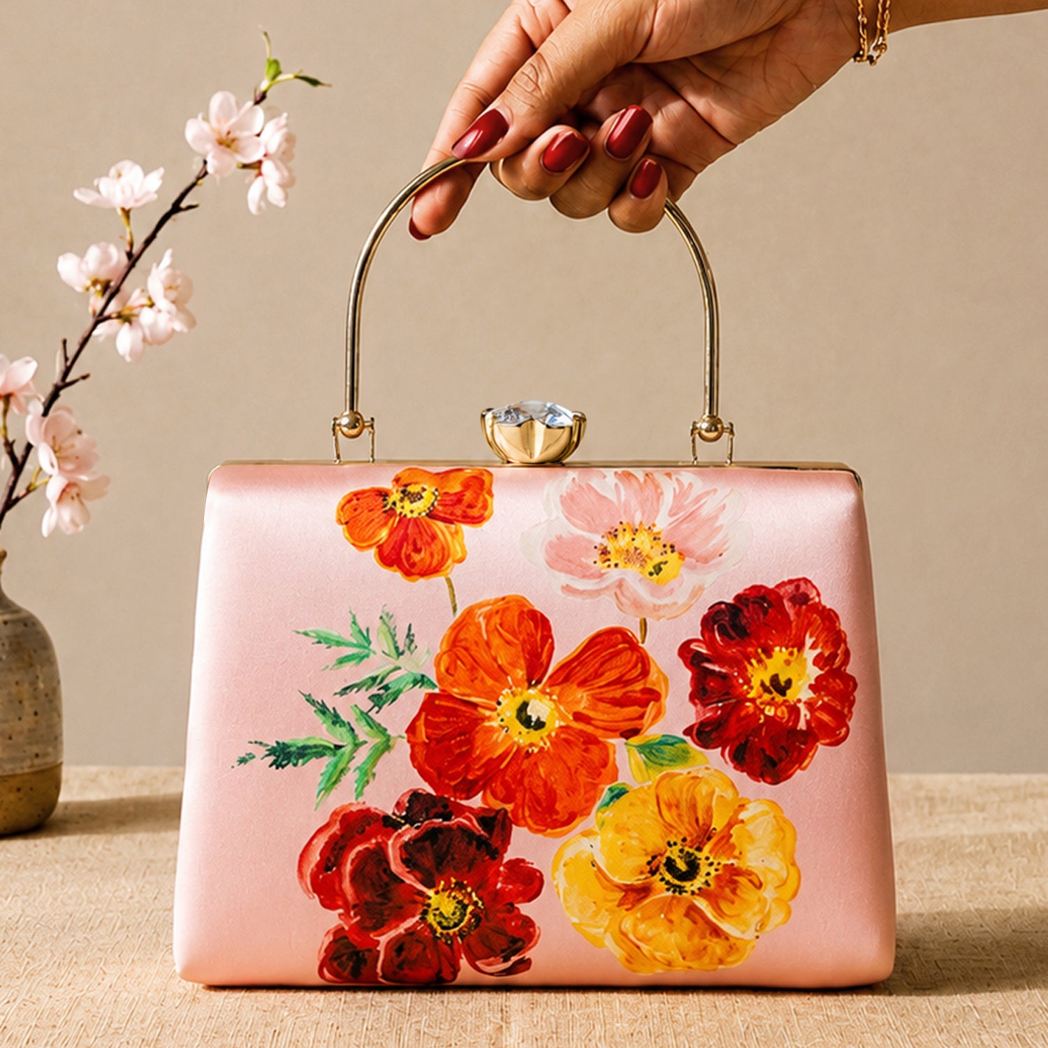 Artklim Printed Blossom Elegance Floral Clutch with Hand Embroidery