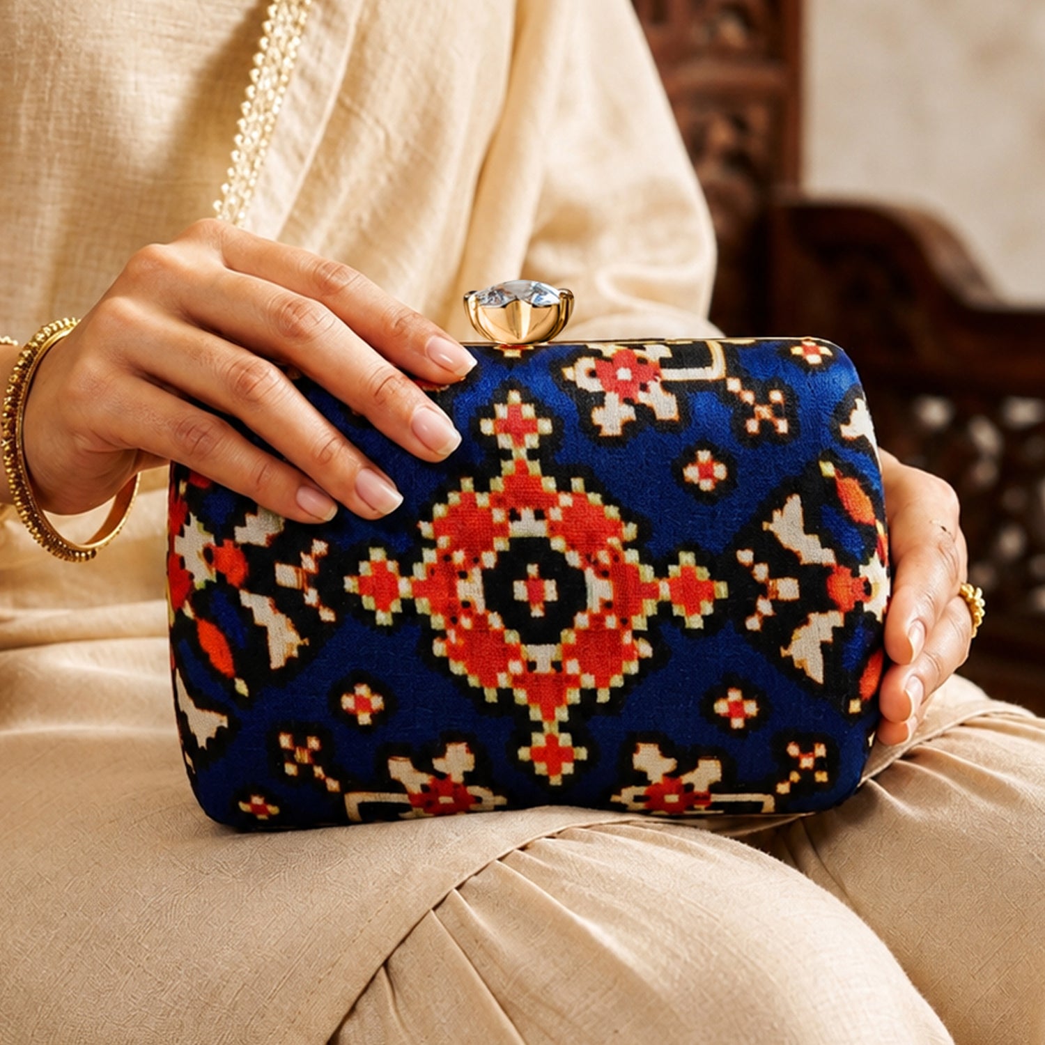 Artklim Royal Blue Red Ethnic Geometric Pattern Printed Clutch