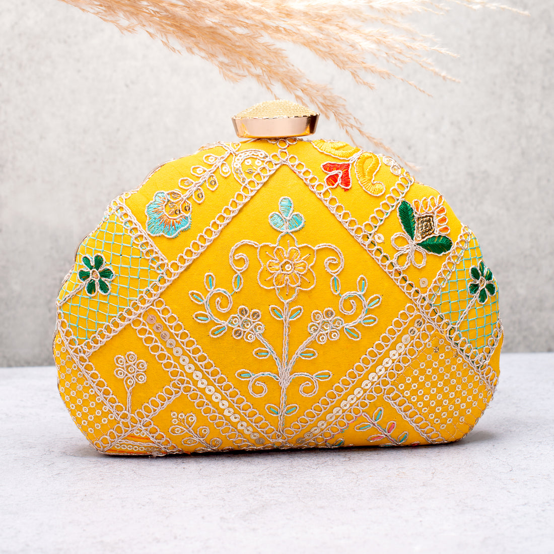 Artklim Yellow Based Multicolored Threadwork Embroidery Clutch