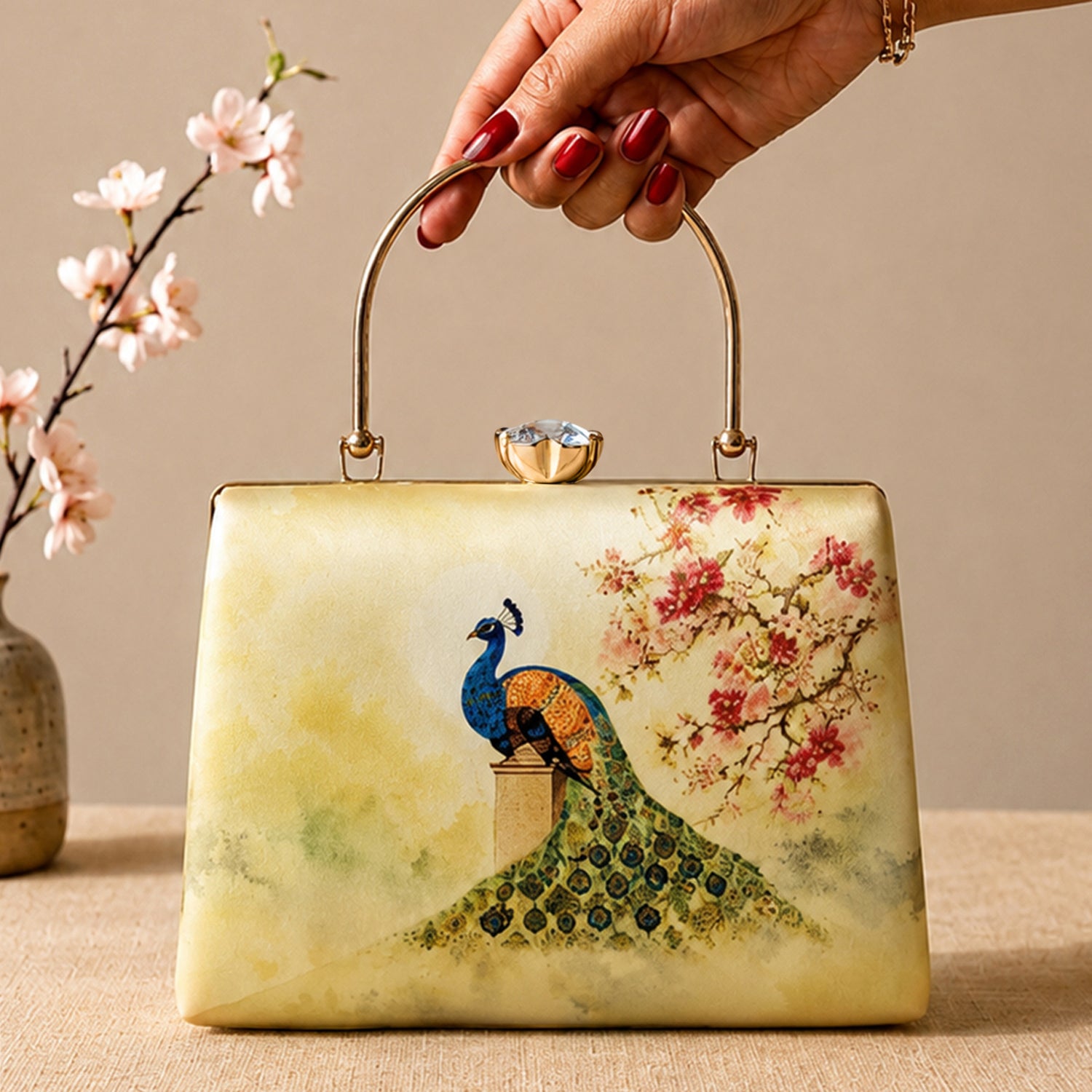 Artklim Printed Royal Peacock Blossom Embellished Clutch with Hand Embroidery