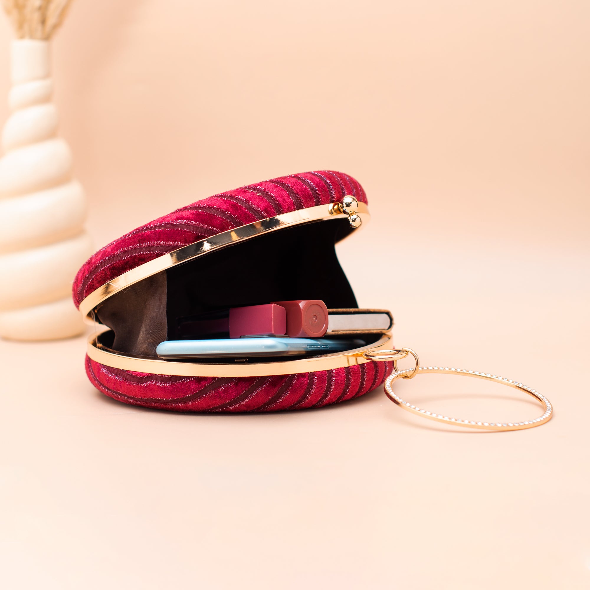 Artklim Crimson Luxe Velvet Stripe Embroidery Clutch