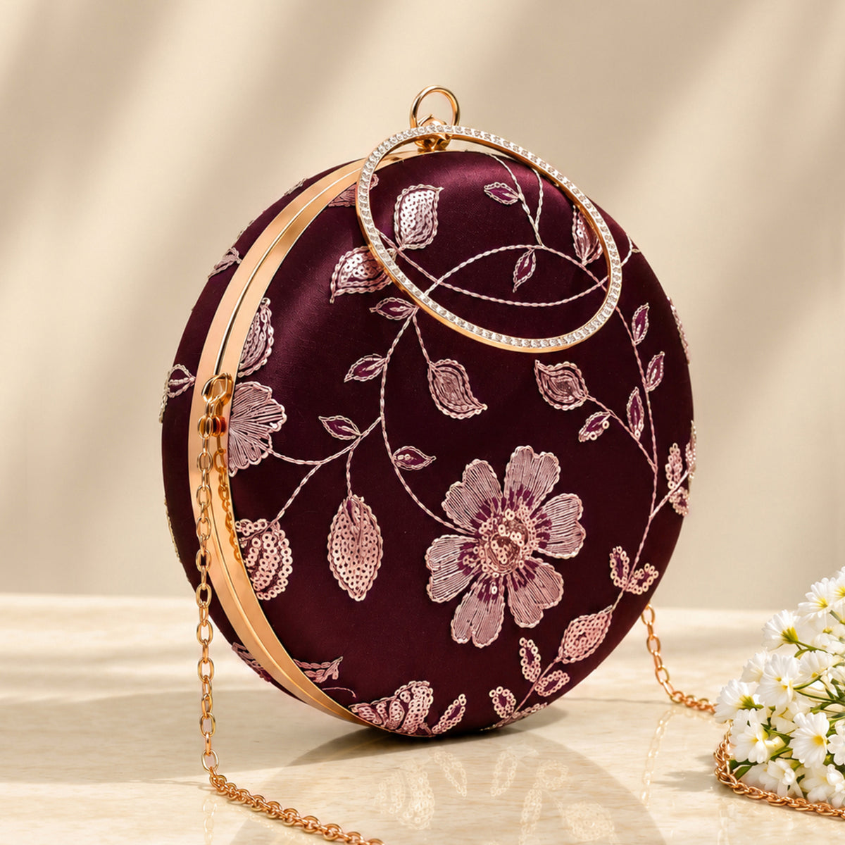 Artklim Elegant Maroon Floral Embroidered Round Clutch Bag with Crystal Ring Handle