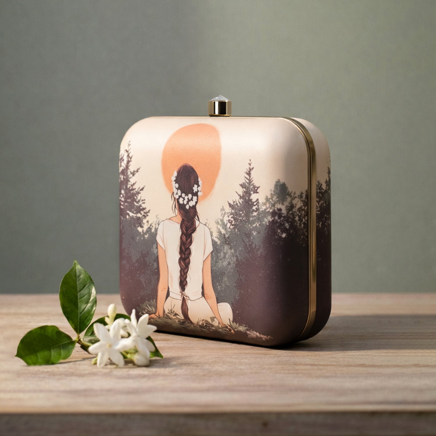 Artklim Beige Based Girl Portrait Printed Clutch