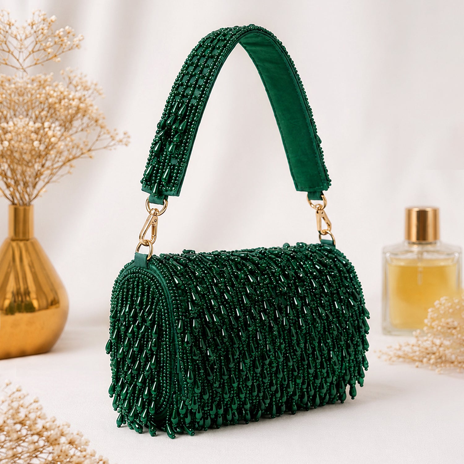 Artklim Emerald Green Handmade Beaded Clutch Bag