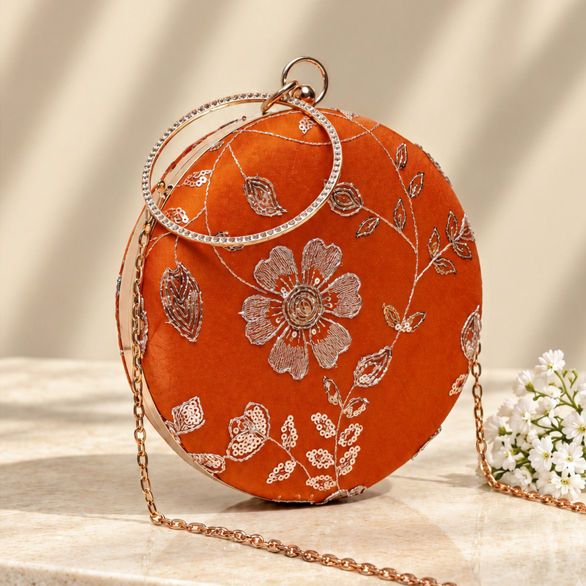 Artklim Elegant Orange Floral Embroidered Round Clutch Bag with Crystal Ring Handle