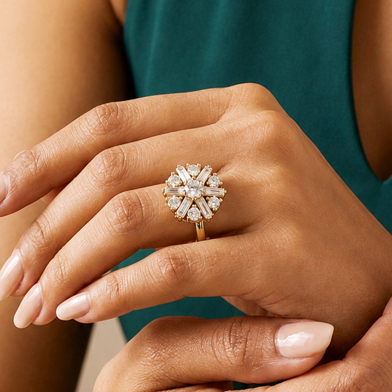 Artklim Golden Bloom Revolving Flower Crystal Adjustable Anti-Tarnish Copper Ring
