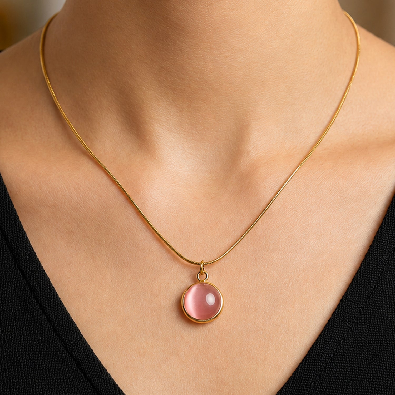Artklim Rose Quartz Round Gem Anti-Tarnish Pendant Necklace