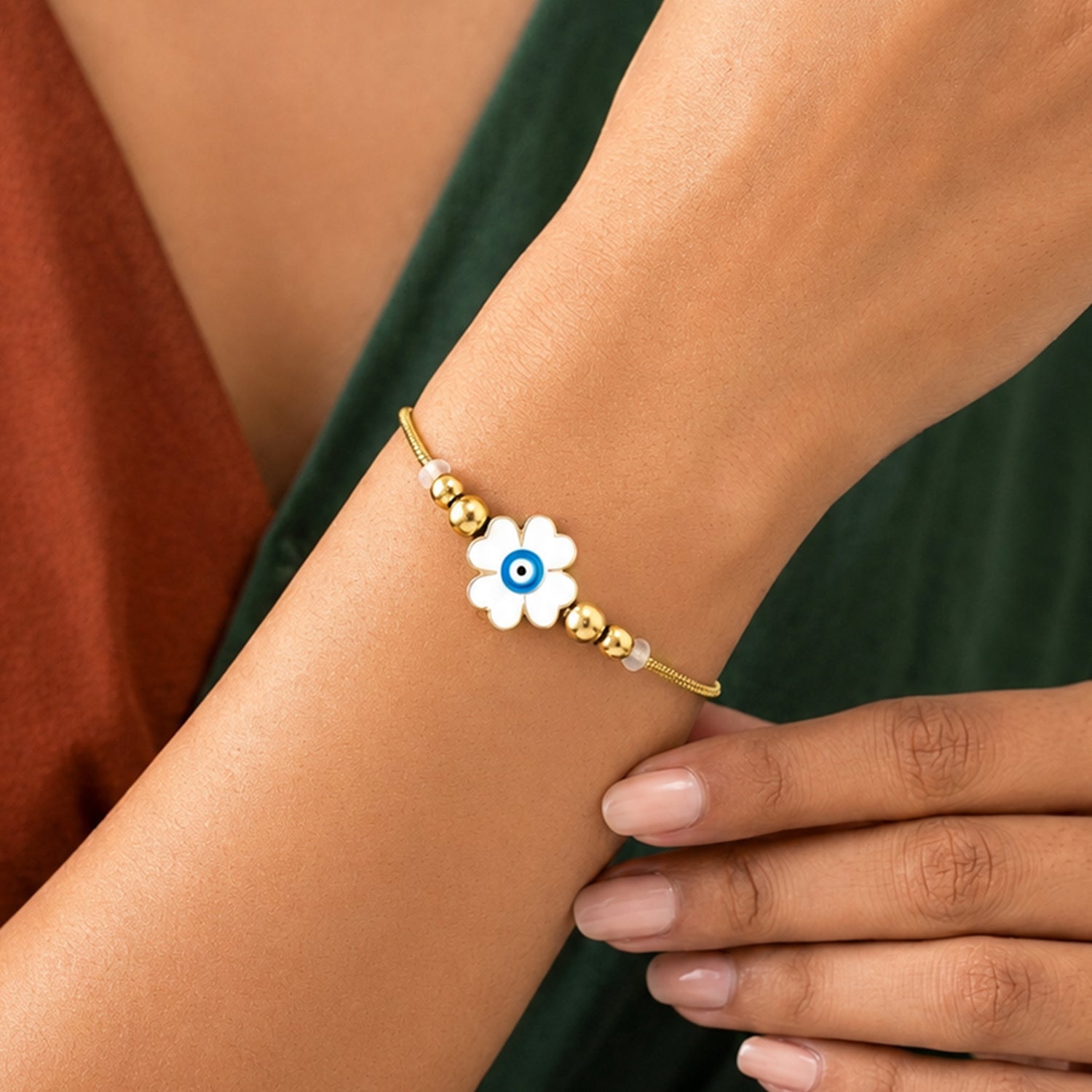 Artklim White Evil Eye Flower Gold-Tone Anti-Tarnish Bracelet