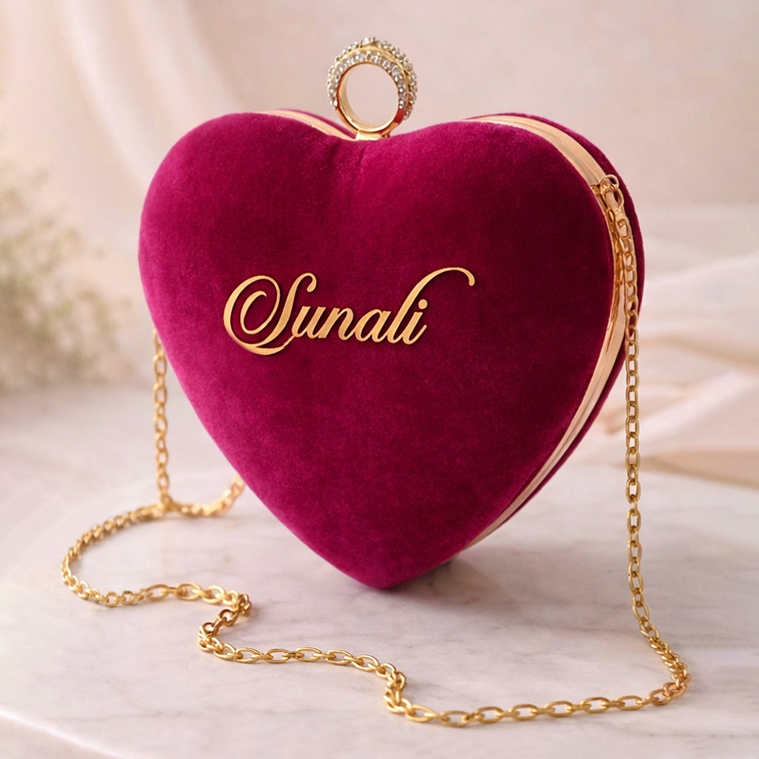 Artklim Pink Heart-Shaped Velvet Name Customized Clutch